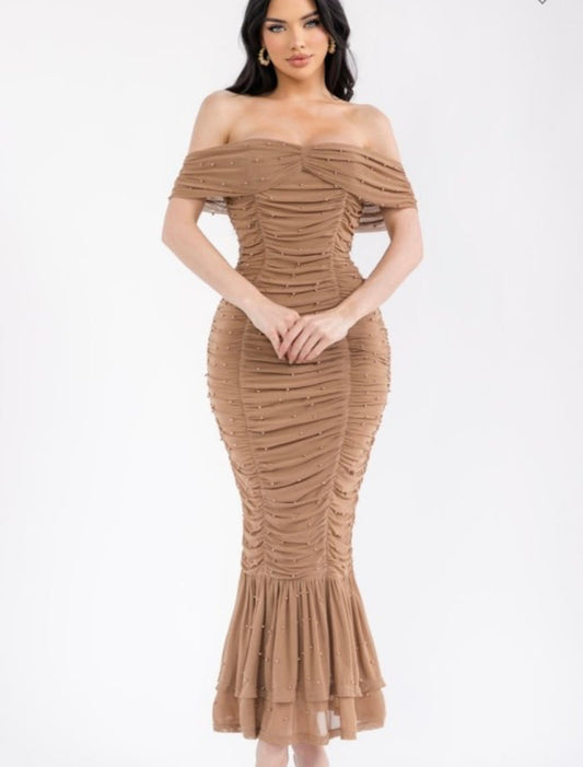 Ruched Embellished Midi Dress- Stretchy, Estira