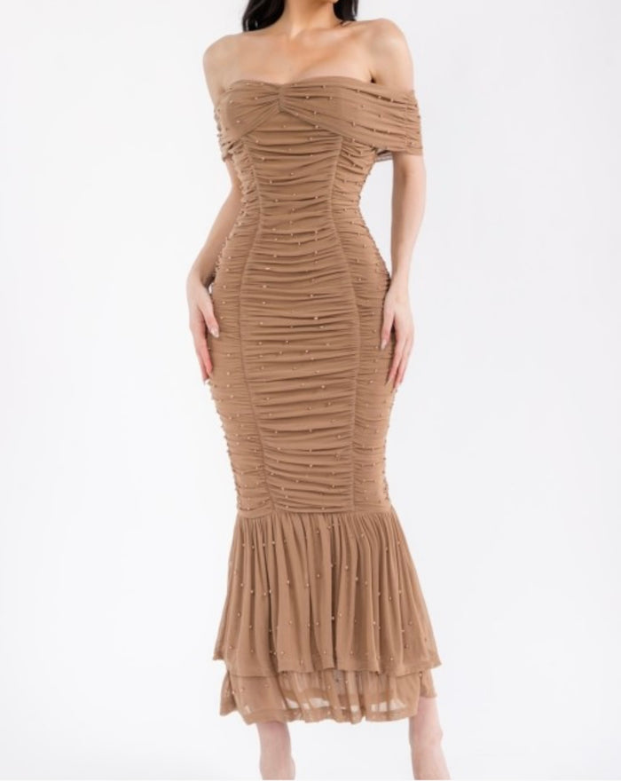 Ruched Embellished Midi Dress- Stretchy, Estira