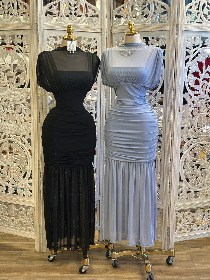 Ruched Mesh Maxi Dress- Estira, Stretchy