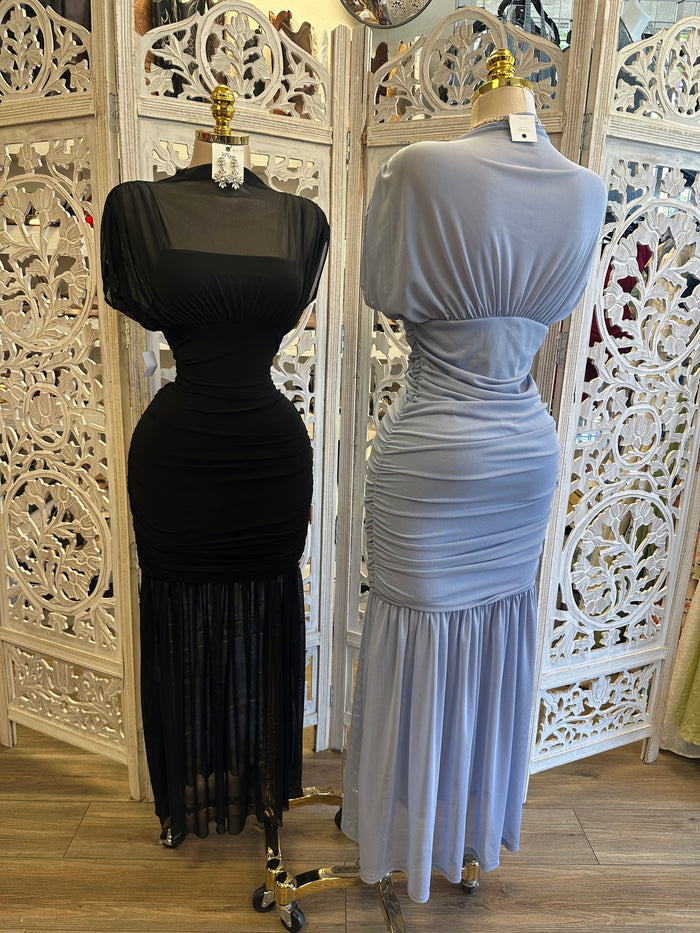 Ruched Mesh Maxi Dress- Estira, Stretchy