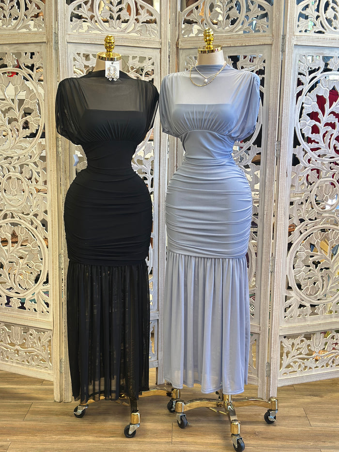 Ruched Mesh Maxi Dress- Estira, Stretchy