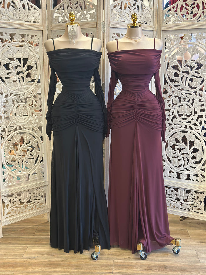 Ruched Off Shoulder Maxi Dress- Stretchy,Estira