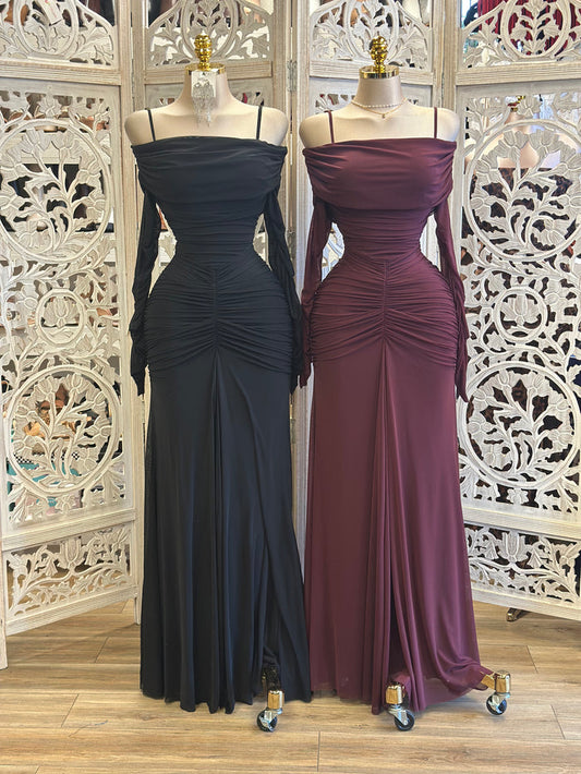 Ruched Off Shoulder Maxi Dress- Stretchy,Estira