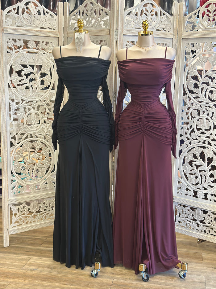 Ruched Off Shoulder Maxi Dress- Stretchy,Estira