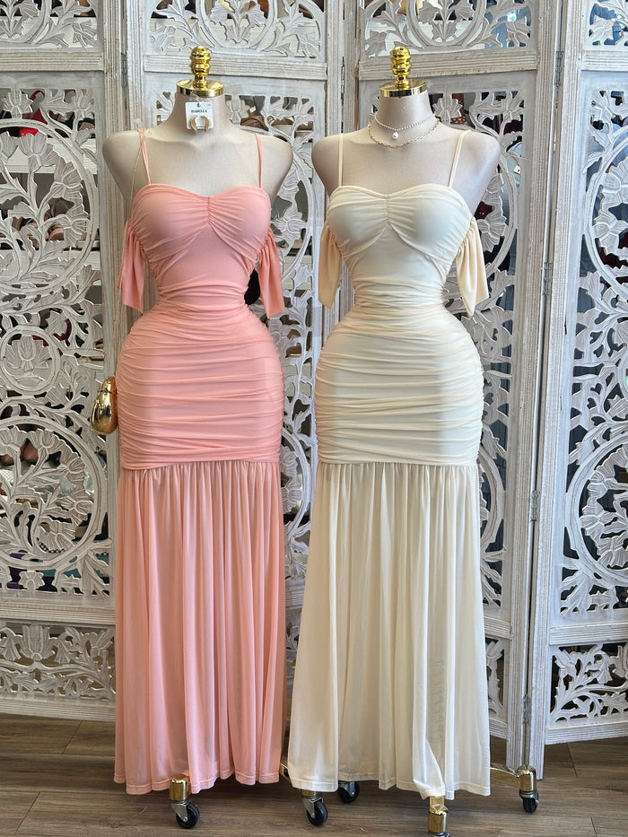 Ruched Off Shoulder Maxi Formal Dress -Estira, Stretchy