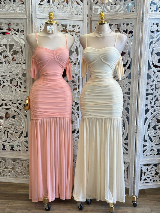 Ruched Off Shoulder Maxi Formal Dress -Estira, Stretchy