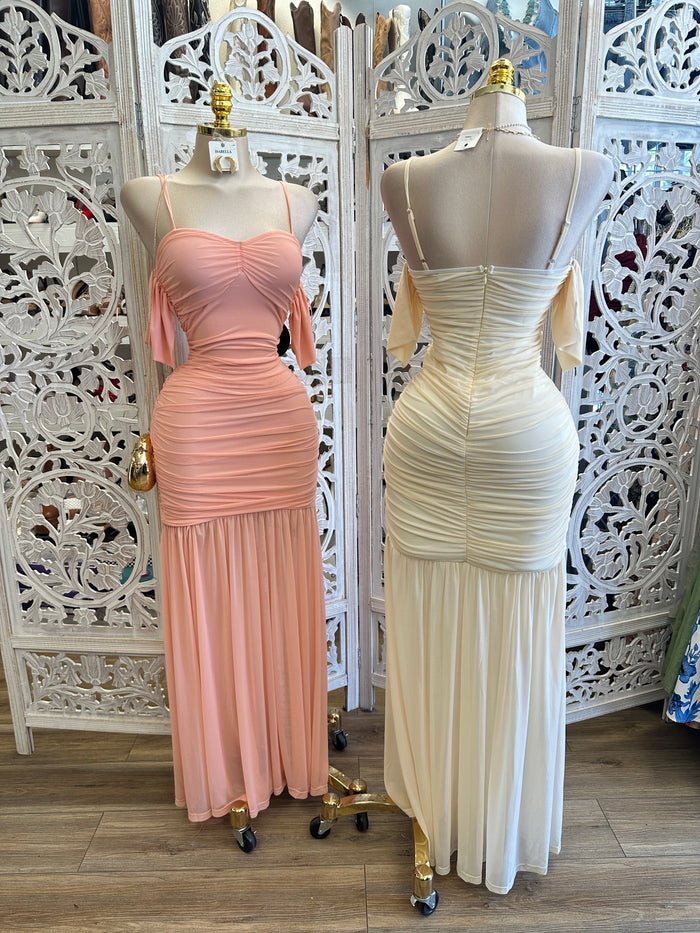 Ruched Off Shoulder Maxi Formal Dress -Estira, Stretchy