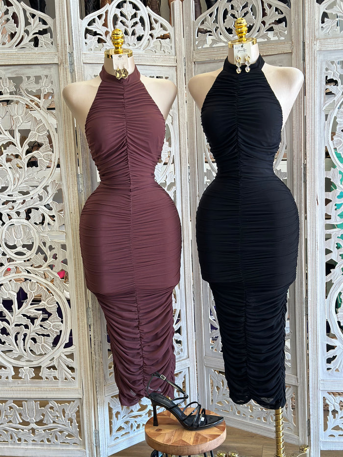 Ruched Open Back High Neck Dress- Stretchy, Estira
