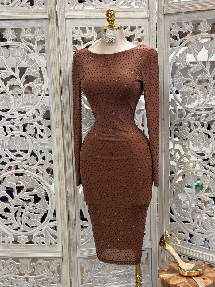 Ruched Rinestone Scoop Back Midi Dress- Stretchy, Estira