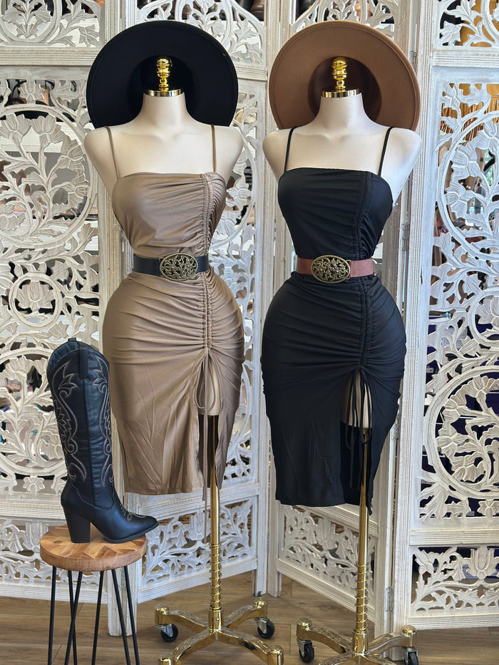 Ruched Slit Cami Dress - Estira, Stretchy