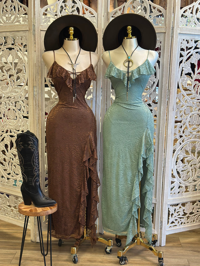 Ruffle Lace Maxi Dress- Estira, Stretchy