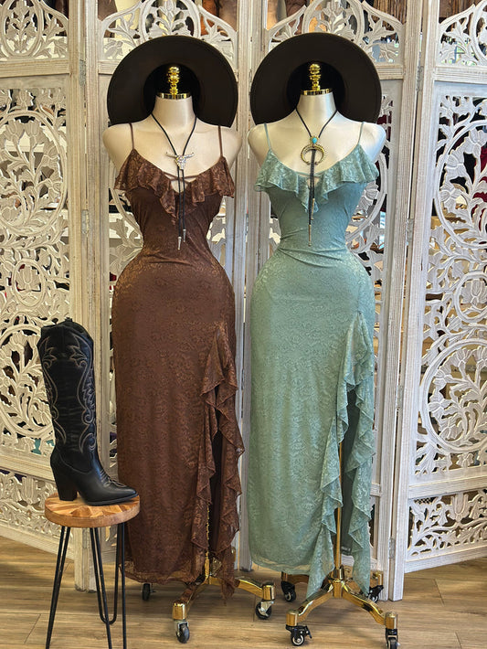 Ruffle Lace Maxi Dress- Estira, Stretchy
