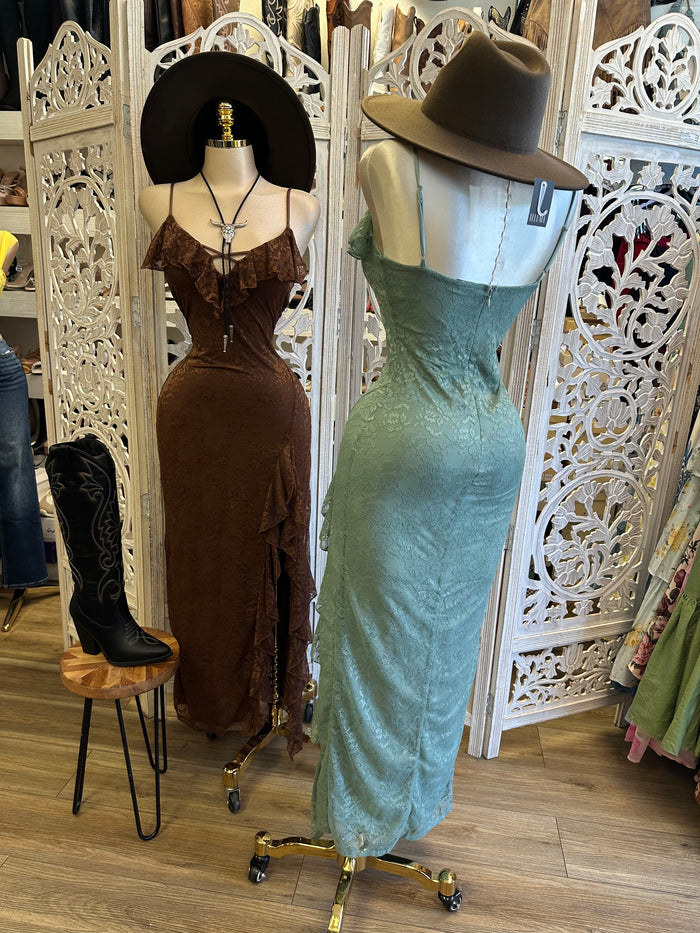 Ruffle Lace Maxi Dress- Estira, Stretchy