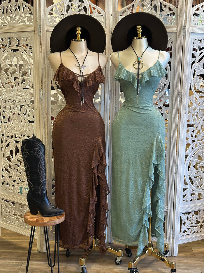 Ruffle Lace Maxi Dress- Estira, Stretchy