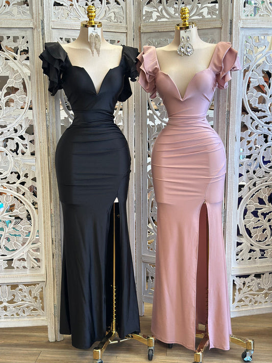 Ruffle Sleeve Heartline Maxi Dress - Estira, Stretchy