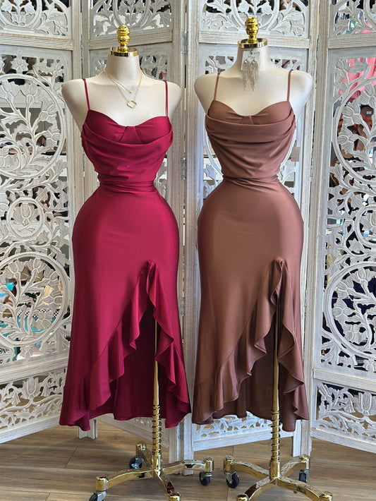 Ruffle Slit Cami Midi Dress - Estira, Stretchy
