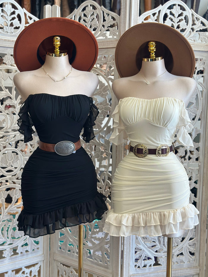 Ruffled Off Shoulder Mini Dress - Estira, Stretchy