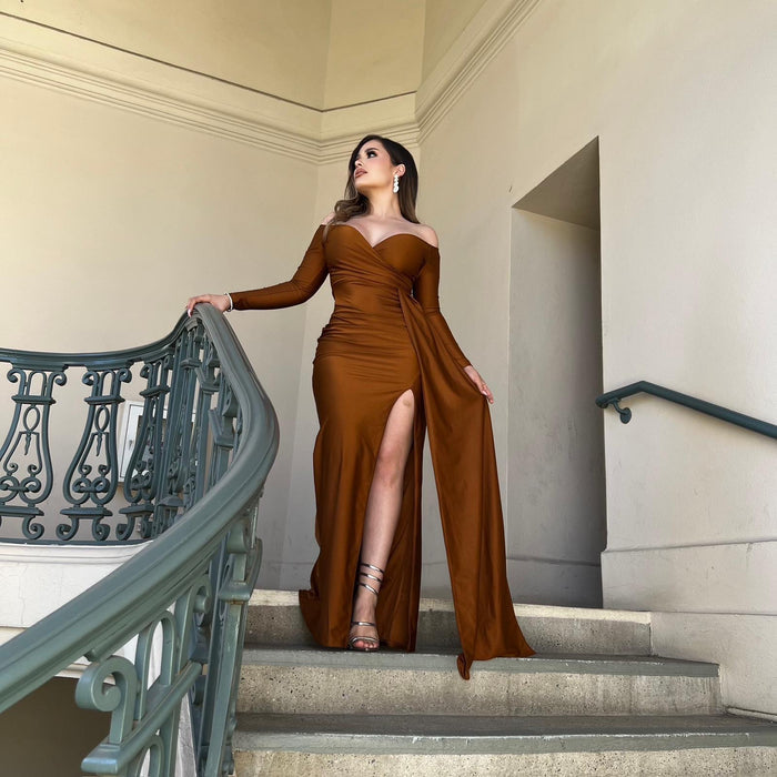 Rust Formal High Slit Ruched Dress- Stretchy,Estira
