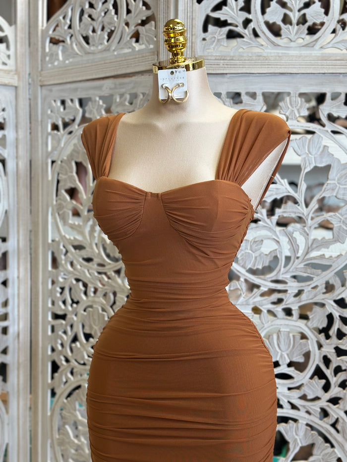 Rust Midi Square Neck Dress- Stretchy,Estira