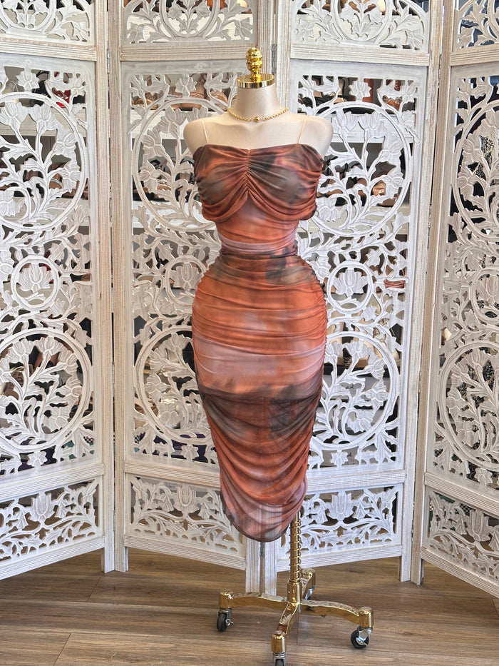Rust Tie Dye Ruched Dress - Estira, Stretchy