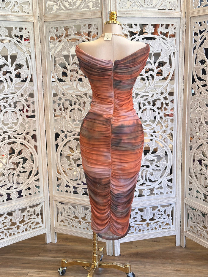 Rust Tie Dye Ruched Dress - Estira, Stretchy