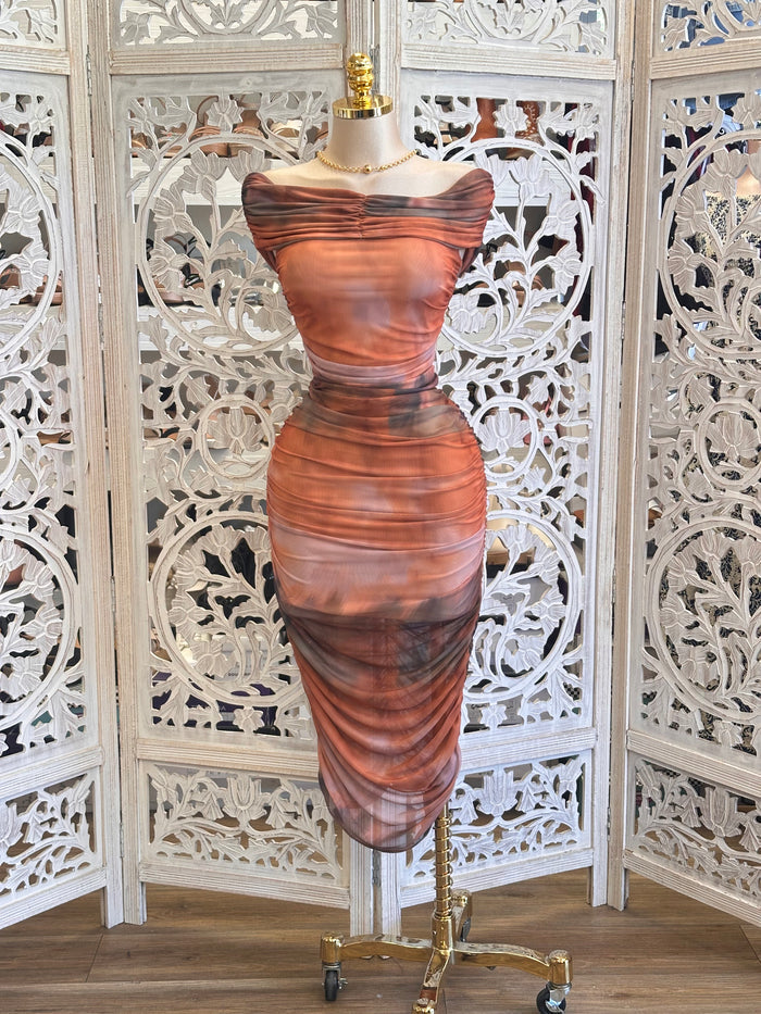 Rust Tie Dye Ruched Dress - Estira, Stretchy