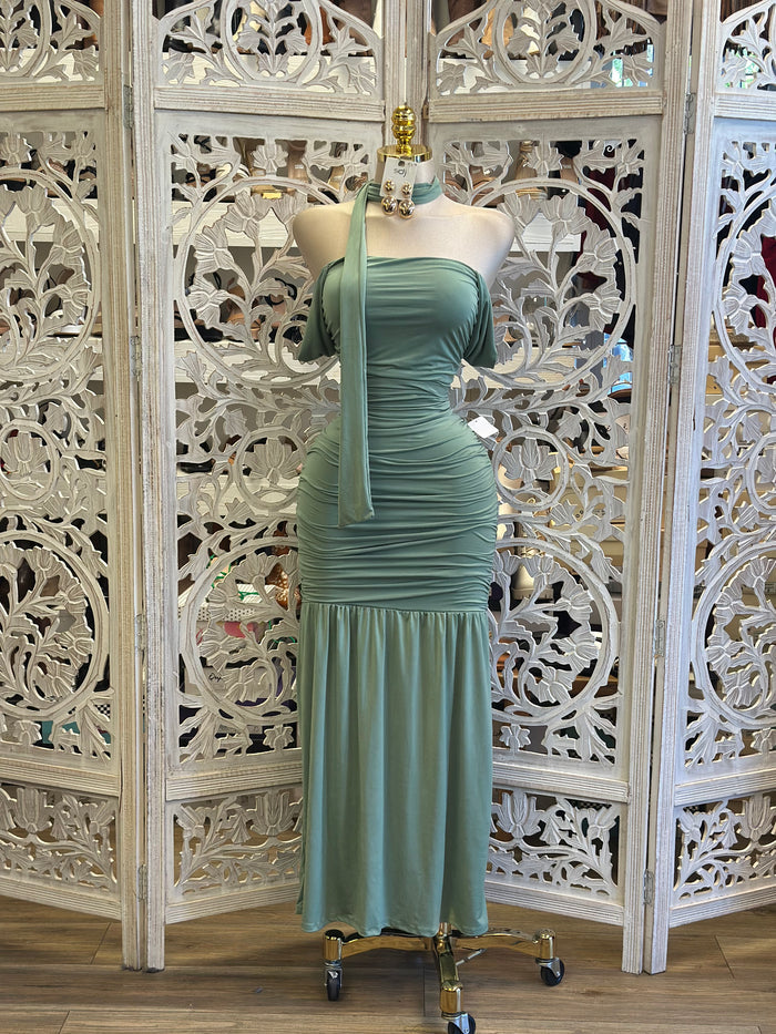 Sage Off Shoulder Scarfed Dress- Stretchy, Estira