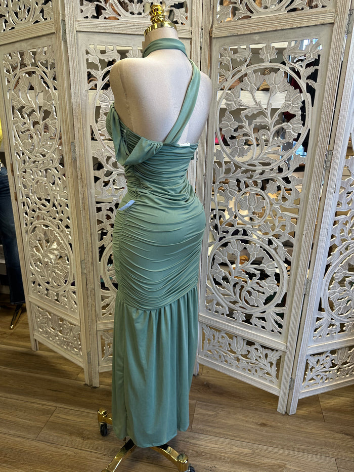 Sage Off Shoulder Scarfed Dress- Stretchy, Estira