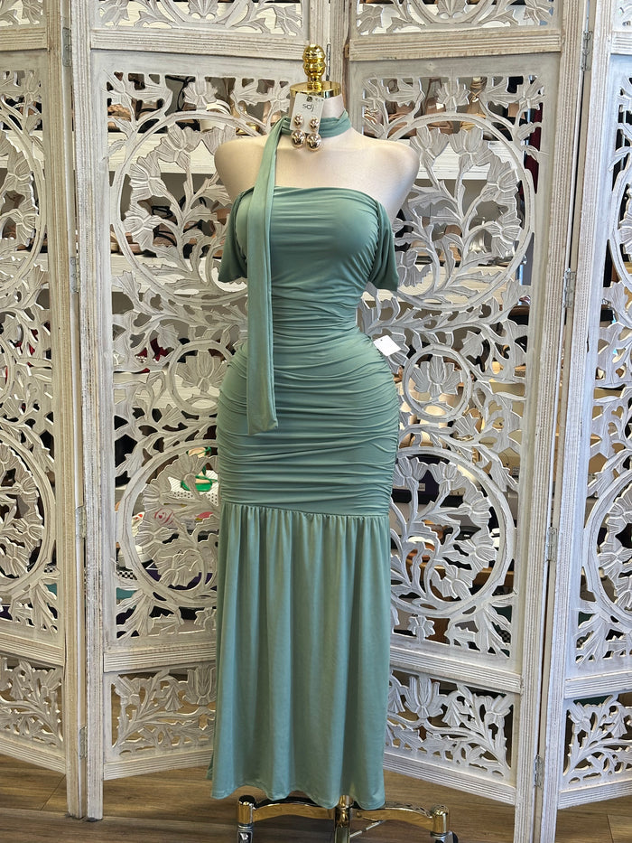 Sage Off Shoulder Scarfed Dress- Stretchy, Estira