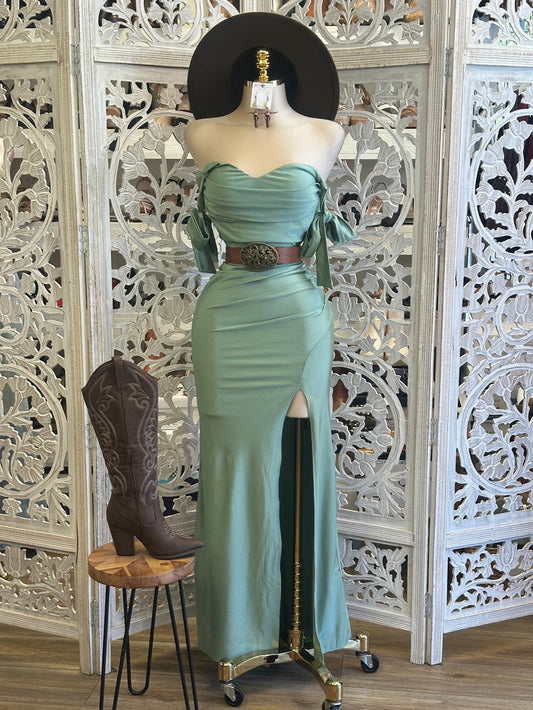 Sage Ribbon Sleeve Dress- Stretchy, Estira