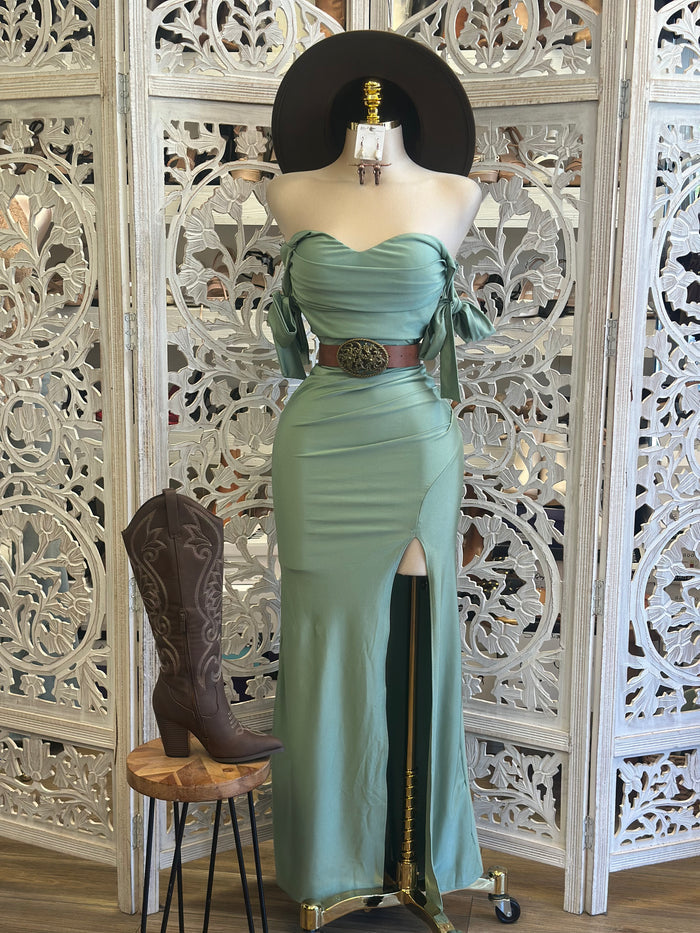 Sage Ribbon Sleeve Dress- Stretchy, Estira