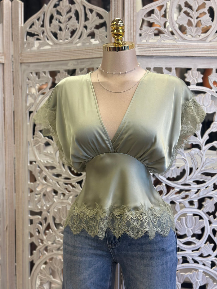 Sage Silk Lace Blouse- No Estira, Not Stretchy