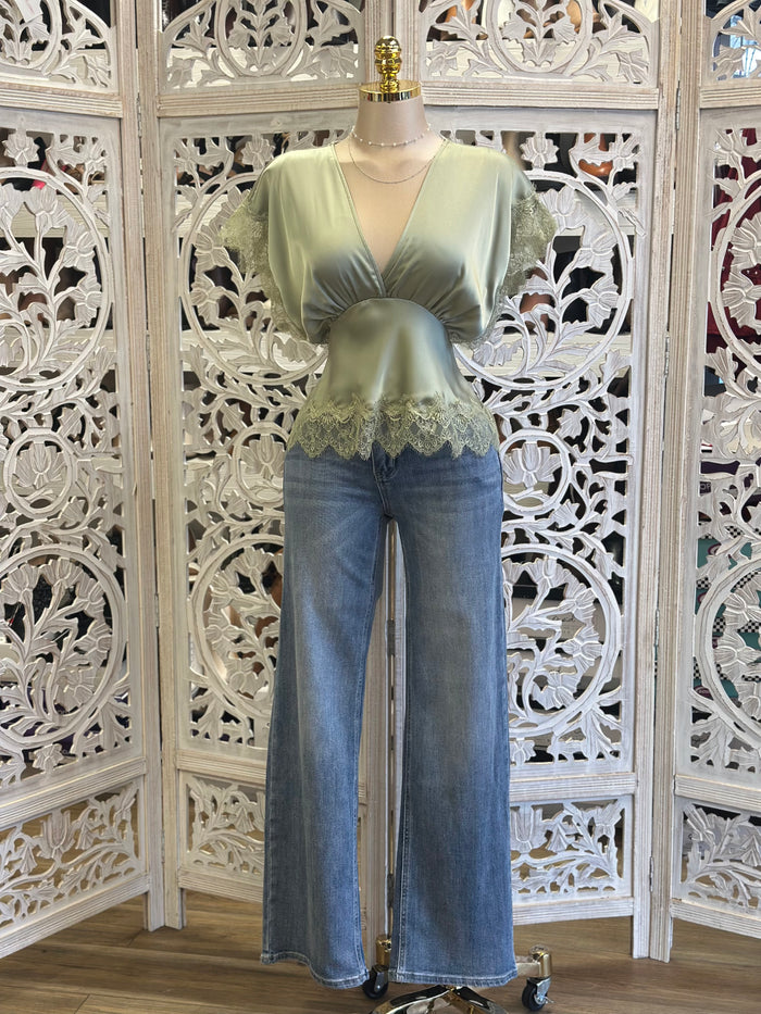 Sage Silk Lace Blouse- No Estira, Not Stretchy
