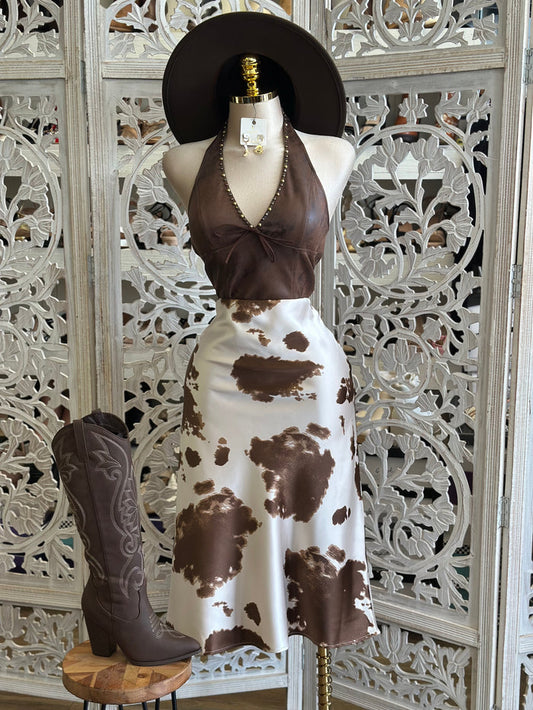 Satin Cow Print Midi Skirt- Slightly Stretchy ,  Estira Poco