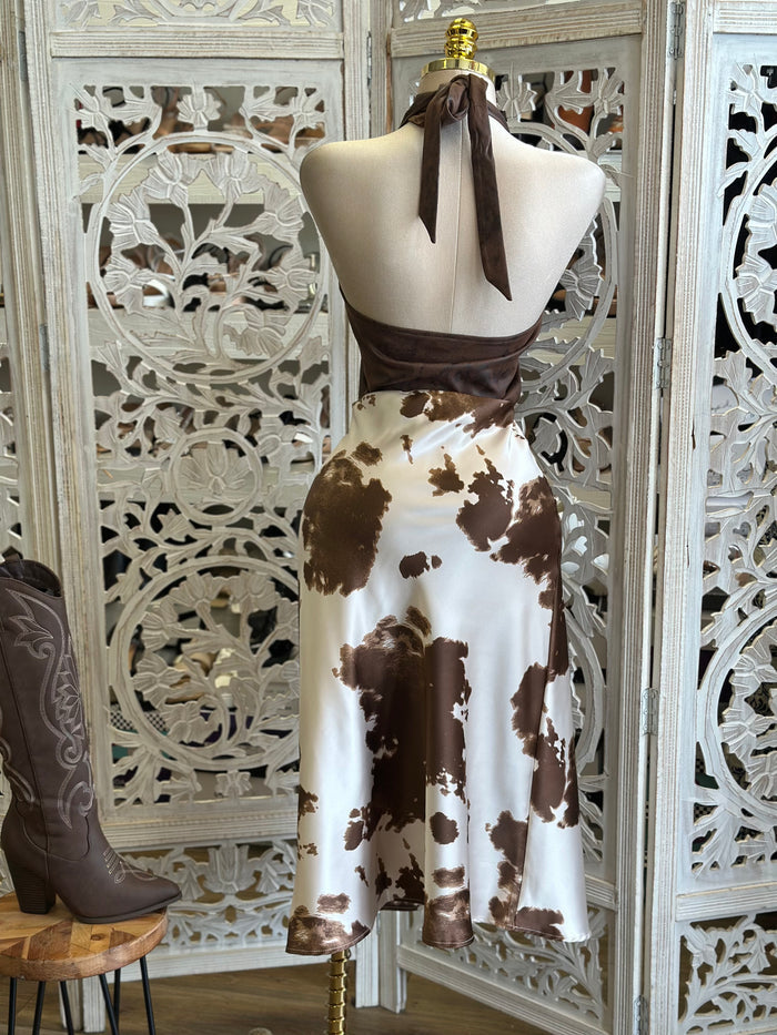 Satin Cow Print Midi Skirt- Slightly Stretchy ,  Estira Poco