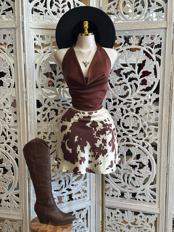 Satin Cow Print Mini Skirt-  Not Stretchy ,  No Estira