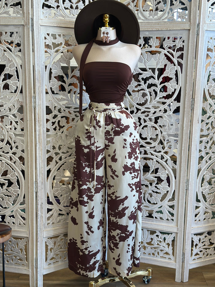 Satin Cow Print wide Leg Pants-  Not Stretchy ,  No Estira