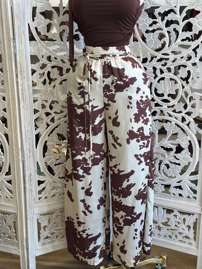 Satin Cow Print wide Leg Pants-  Not Stretchy ,  No Estira