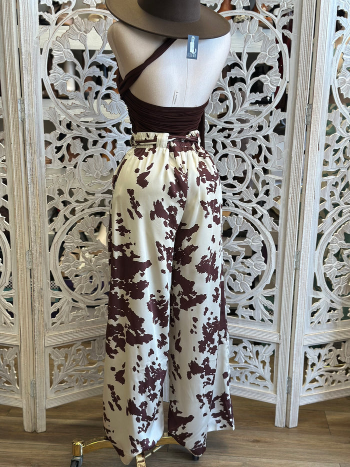 Satin Cow Print wide Leg Pants-  Not Stretchy ,  No Estira