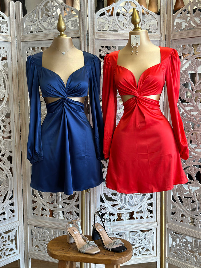 Satin Cutout Knotted Dress- Slightly Stretchy