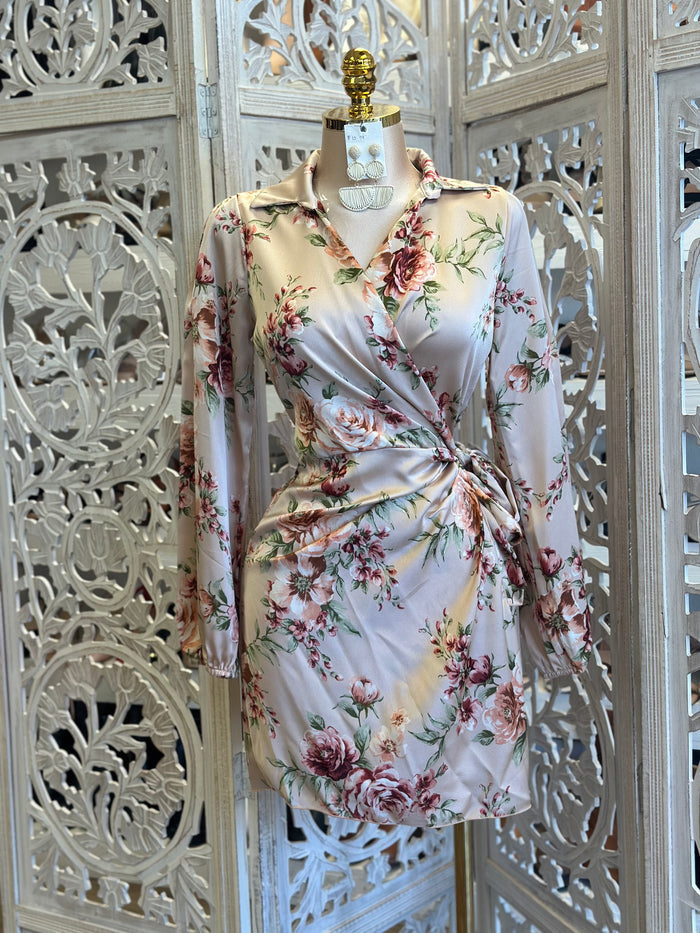 Satin Floral Wrapped Mini Dress- Estira, Stretchy