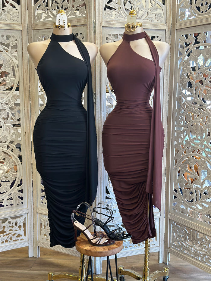 Scarfed High Neck Ruched Midi Dress- Stretchy