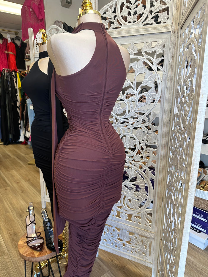 Scarfed High Neck Ruched Midi Dress- Stretchy