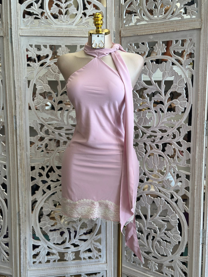 Scarfed Pink Lace Mini Dress- Not Stretchy, No Estira