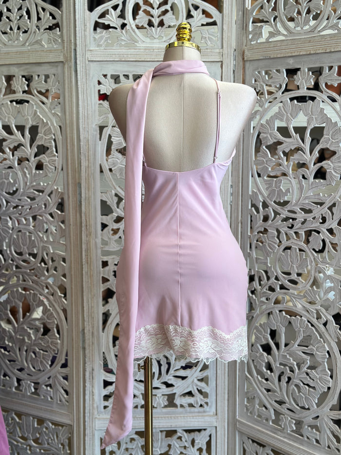 Scarfed Pink Lace Mini Dress- Not Stretchy, No Estira