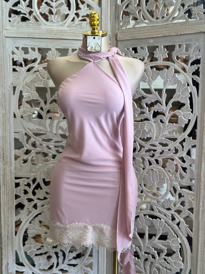 Scarfed Pink Lace Mini Dress- Not Stretchy, No Estira