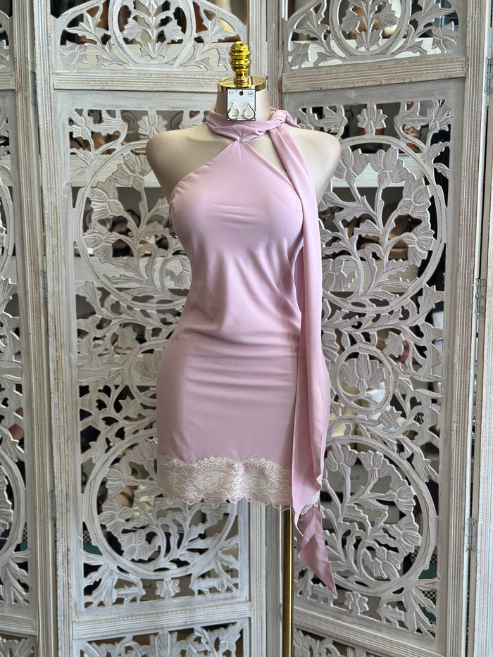 Scarfed Pink Lace Mini Dress- Not Stretchy, No Estira