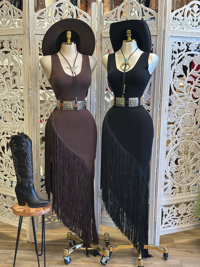 Scoop Neck Fringe Dress- Estira, Stretchy