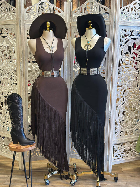 Scoop Neck Fringe Dress- Estira, Stretchy