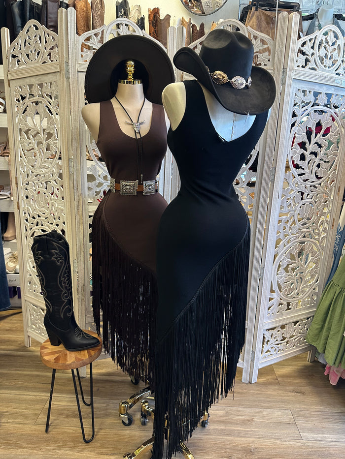 Scoop Neck Fringe Dress- Estira, Stretchy